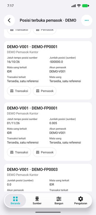 Dua kartu lengkap: jumlah sumber -500000.0 dan 0.005, jatuh tempo serta kedua sub-tombol. Tanda dan presisi dipertahankan; tidak ada total campuran mata uang. — Cifru native, DEMO fiktif; bukan uji ERP nyata.