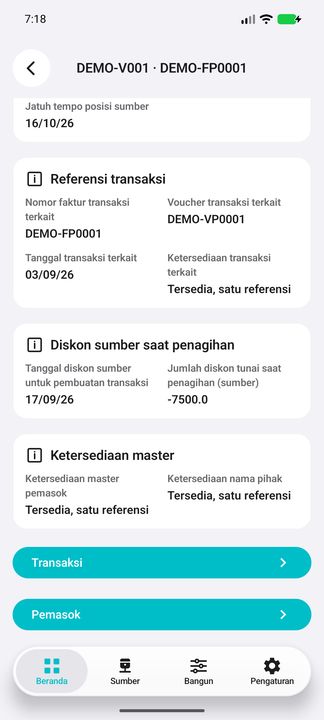 Referensi, diskon sumber, master dan kedua sub-tombol utuh. Transaksi atau master yang hilang/ambigu tidak dipilih secara acak. — Cifru native, DEMO fiktif; bukan uji ERP nyata.