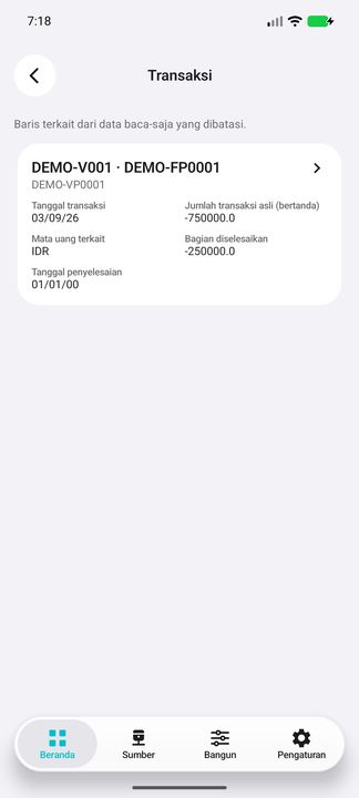 Transaksi terkait tepat: -750000.0 dan bagian diselesaikan -250000.0 IDR. Tanggal 01/01/00 berasal dari sentinel 1900-01-01, bukan kesimpulan lunas. — Cifru native, DEMO fiktif; bukan uji ERP nyata.