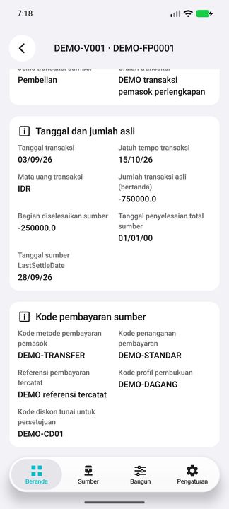 Jumlah dan tanggal sumber, metode/spesifikasi pembayaran, referensi, profil pembukuan dan diskon. Referensi bukan transaksi bank; sentinel tanggal bukan status lunas. — Cifru native, DEMO fiktif; bukan uji ERP nyata.