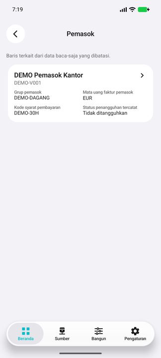 Pemasok saat ini: grup, syarat bayar, penangguhan dan mata uang default EUR. EUR tidak menggantikan IDR pada posisi atau transaksi terkait. — Cifru native, DEMO fiktif; bukan uji ERP nyata.